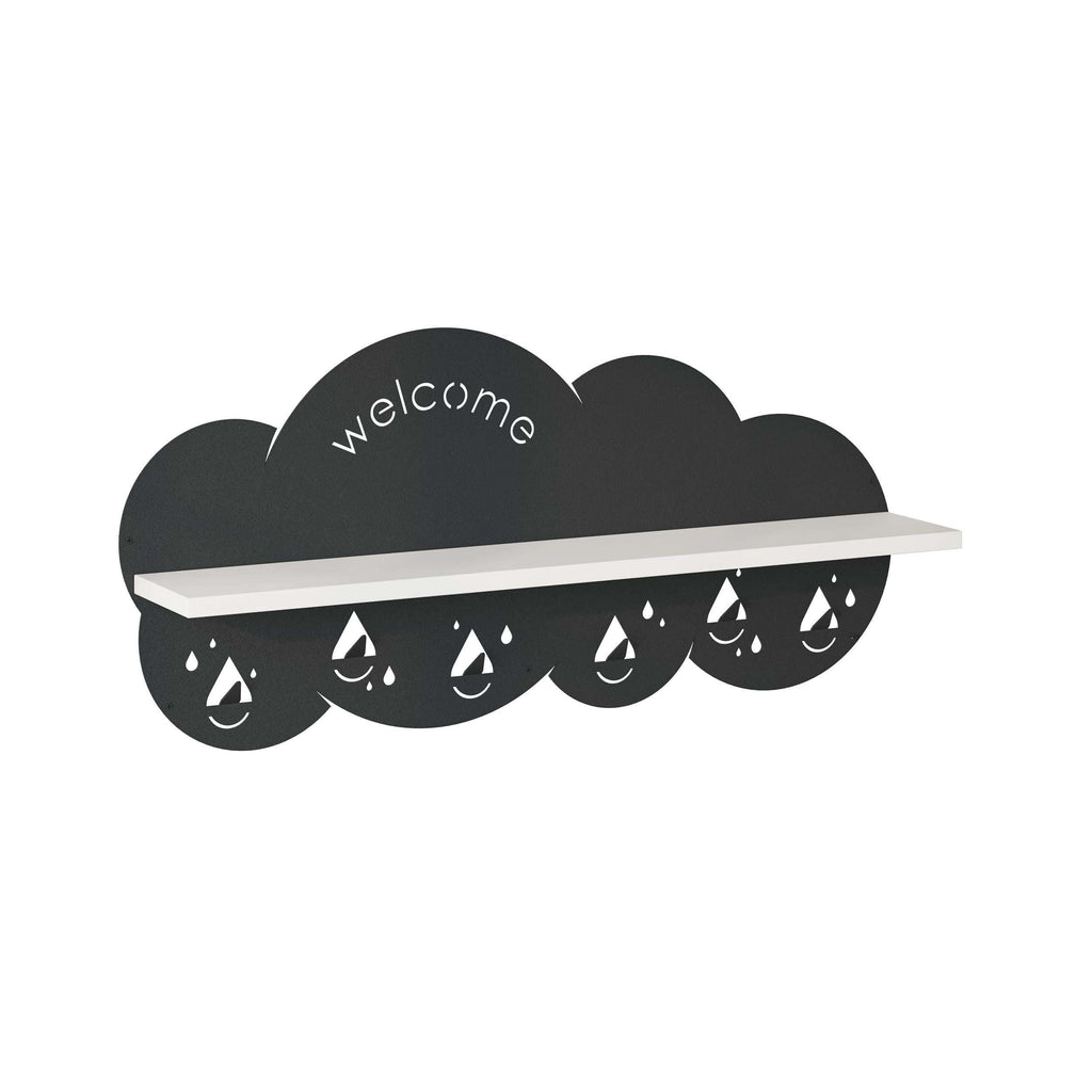 Cloud-shaped wall hanger with white shelf, “welcome” text, and raindrop hook design