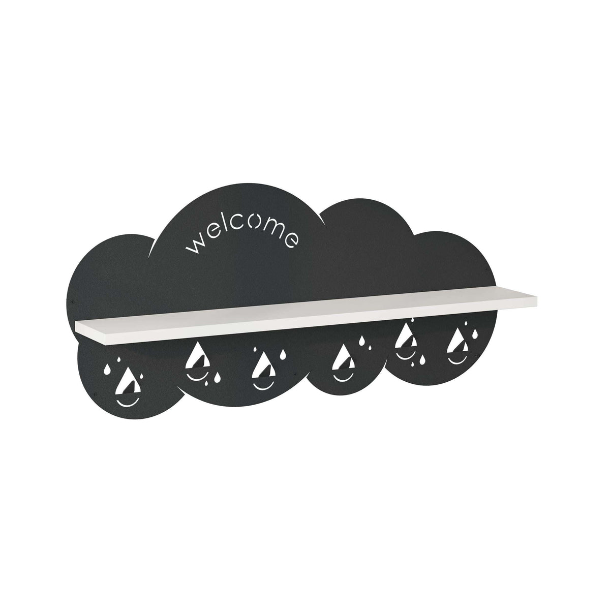 Cloud-shaped wall hanger with white shelf, “welcome” text, and raindrop hook design