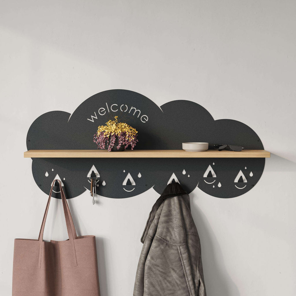 Dark cloud wall hanger with oak shelf and raindrop hooks, bags and coat