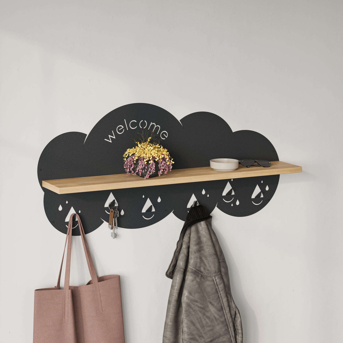Dark cloud wall hanger with oak shelf and raindrop hooks, totes and coat