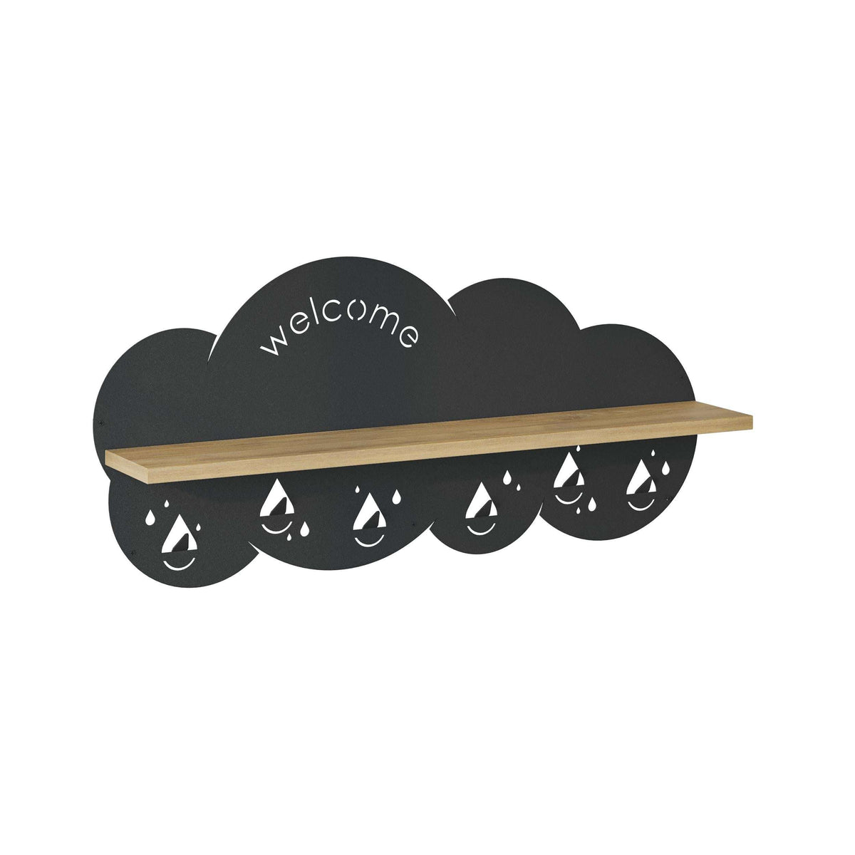 Dark cloud wall hanger with oak shelf, raindrop hooks, welcome sign