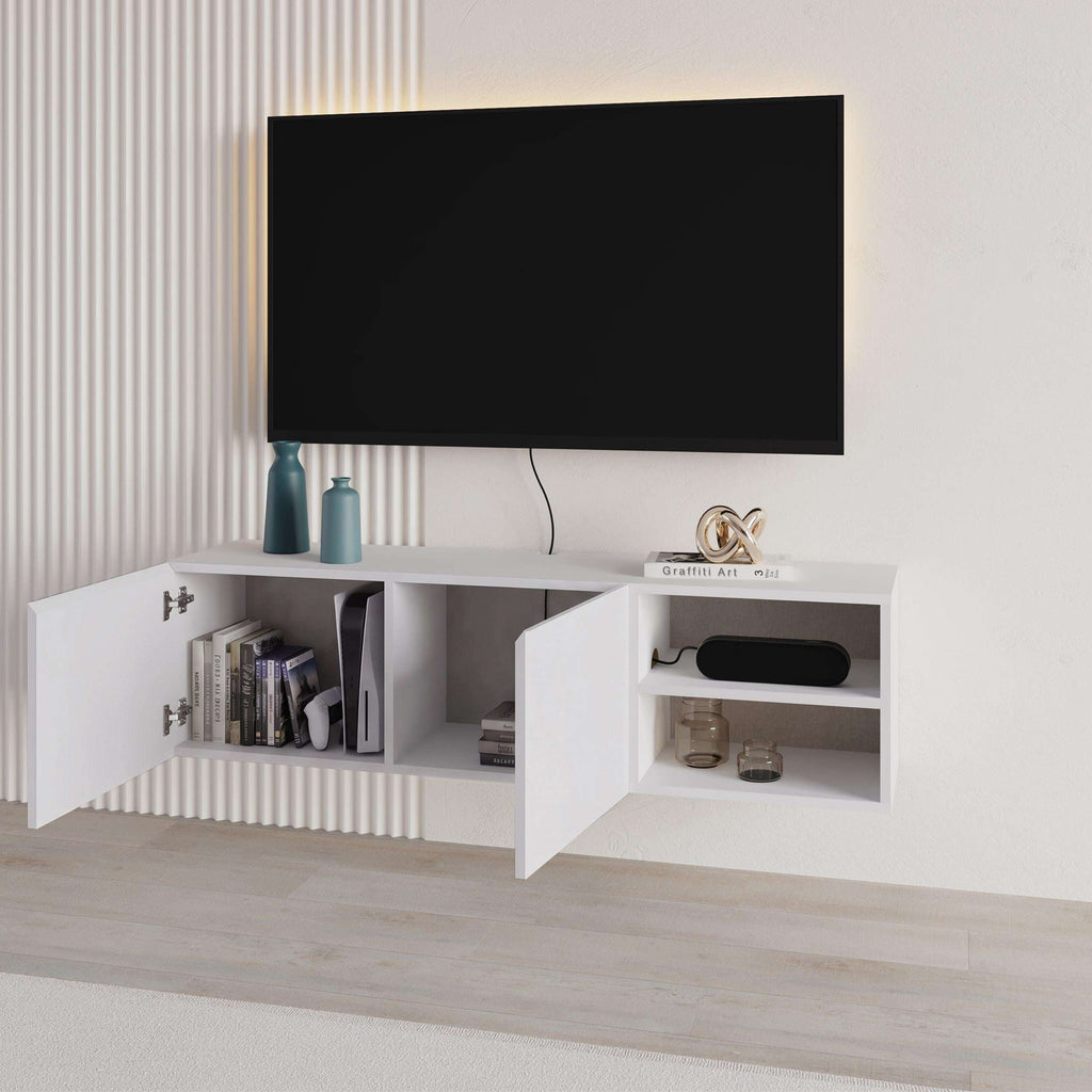 White wall-mounted TV unit with open shelves and two cabinet doors