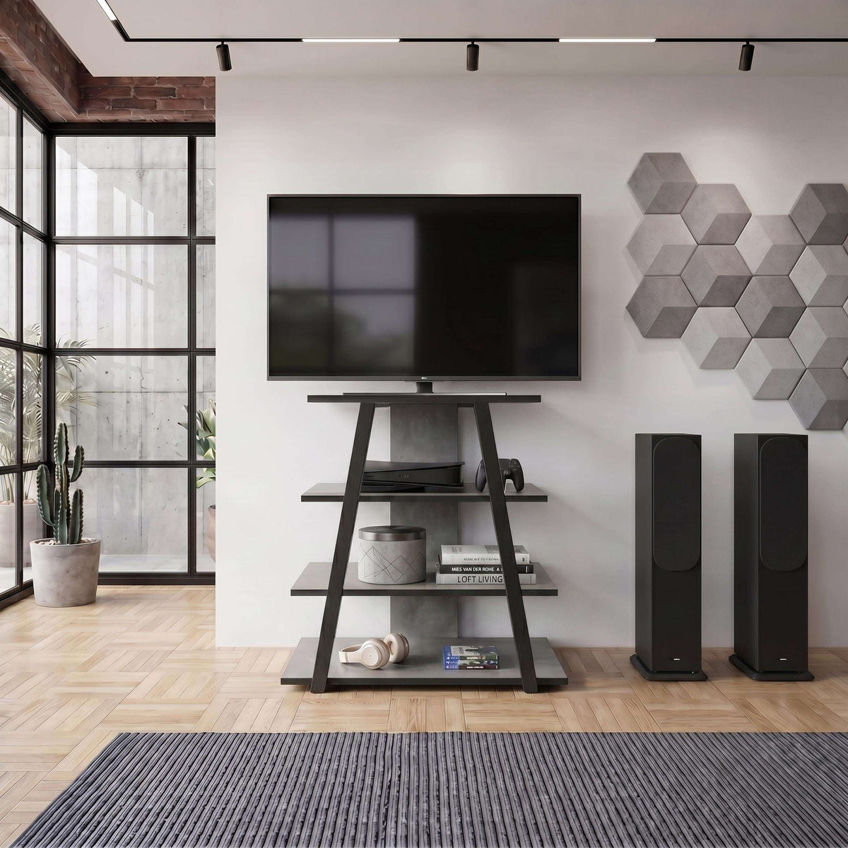 Angled mini TV unit with open shelves in dark finish, set beside speakers