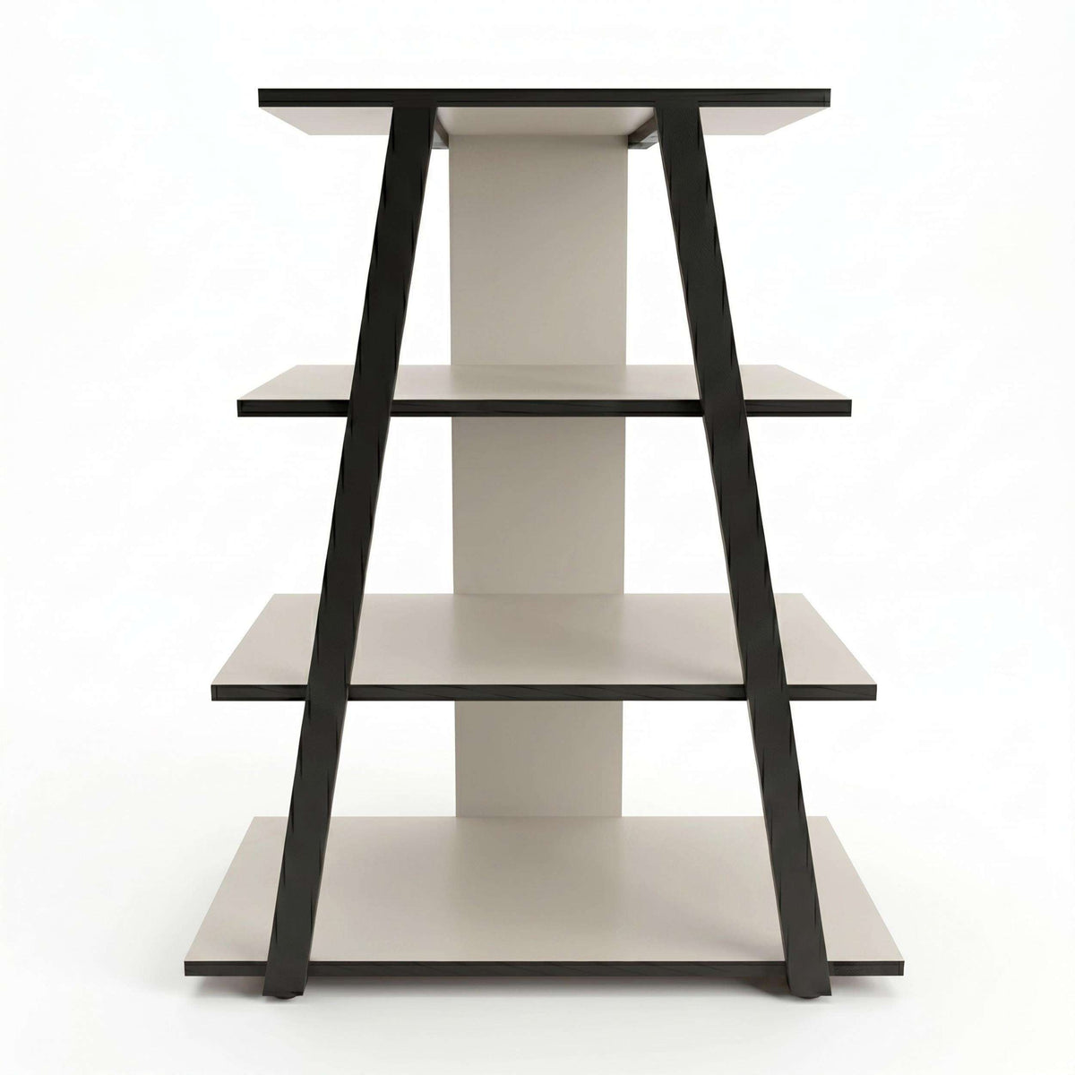 Angled mini TV entertainment unit with open shelves and black frame