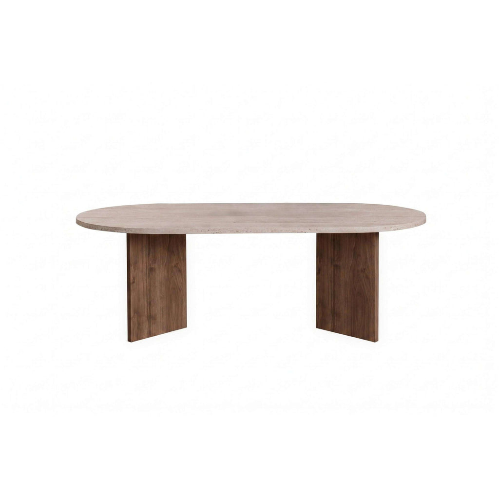 Oval wooden coffee table with rounded tabletop and two dark wood supports