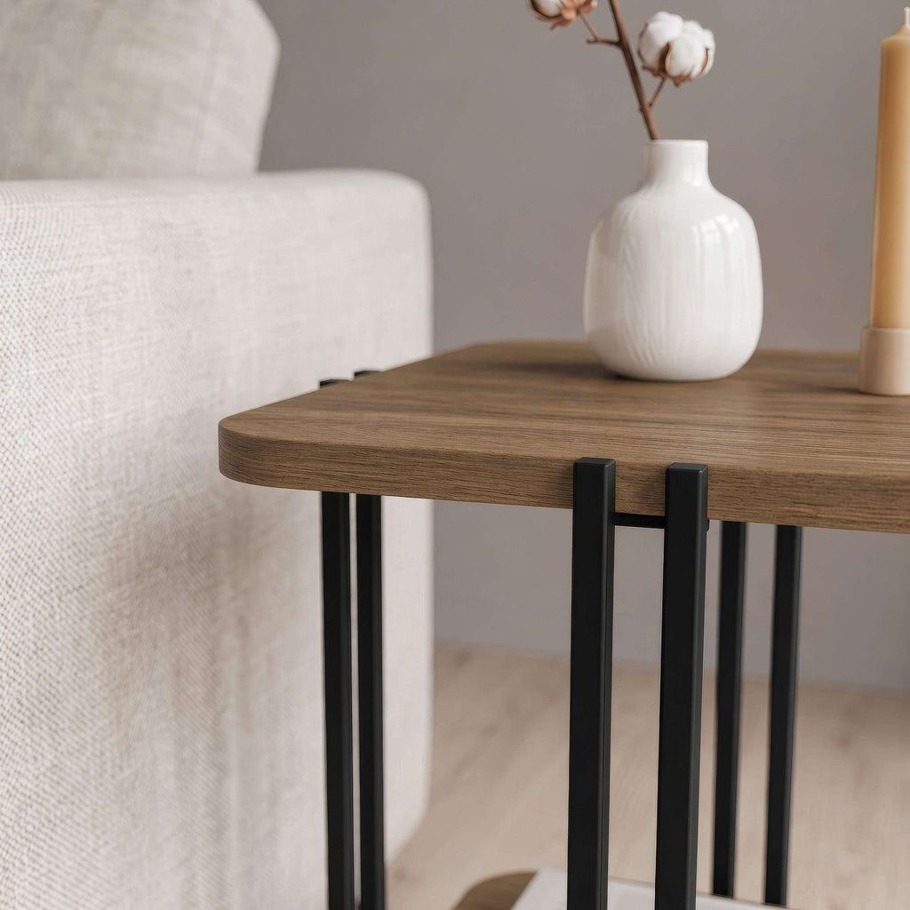 Two-tier side table with dark wood top, black frame, and lower shelf.