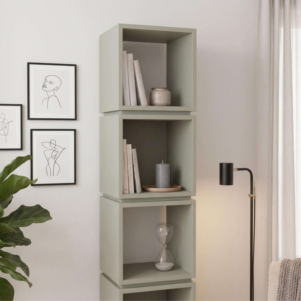 Light gray tall bookcase with stacked open cubby shelves for books and vases