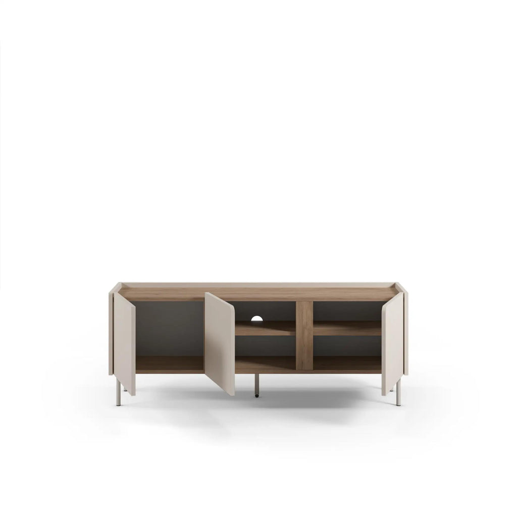3-door TV unit with open center door, natural oak shelves, and sand-colored fronts
