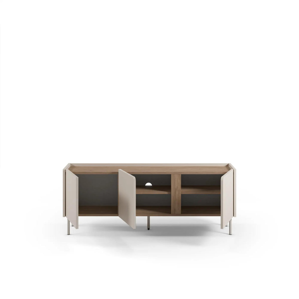 3-door TV unit with open center door, natural oak shelves, and sand-colored fronts