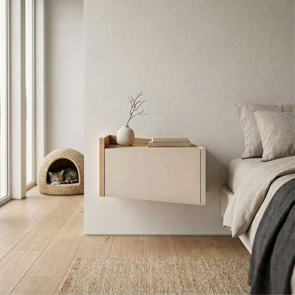 Floating bedside table with drawer and open top shelf, white front with light wood sides