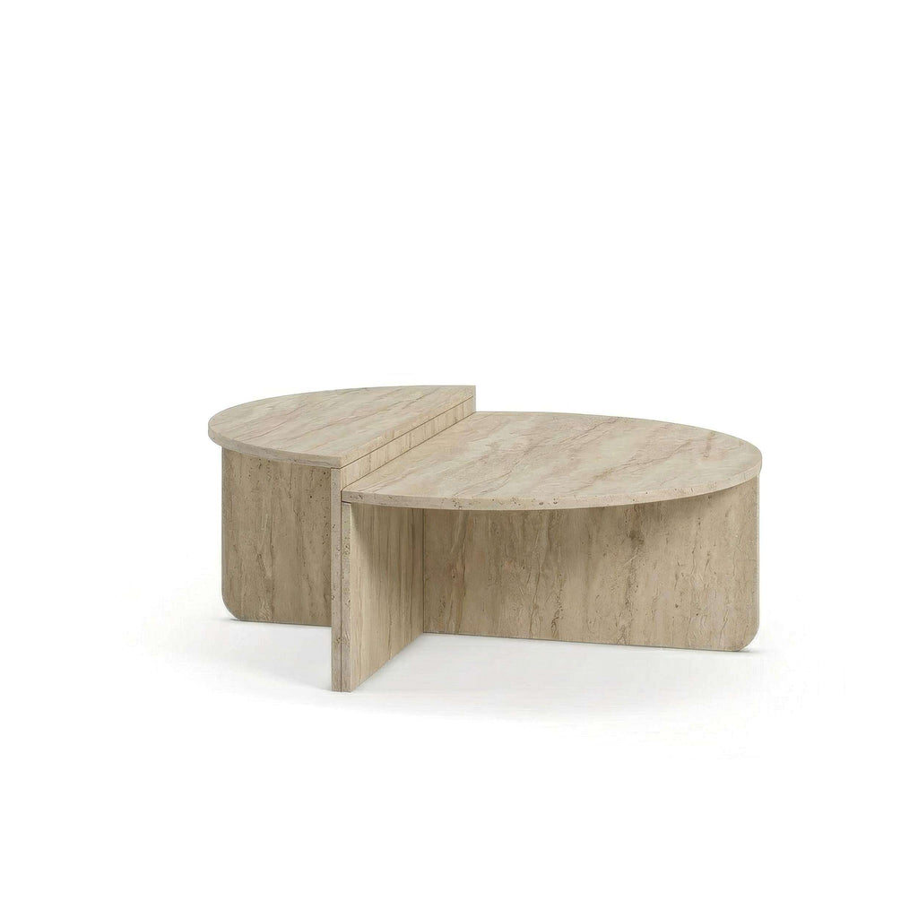 Modern round coffee table with two matching travertine-look surfaces