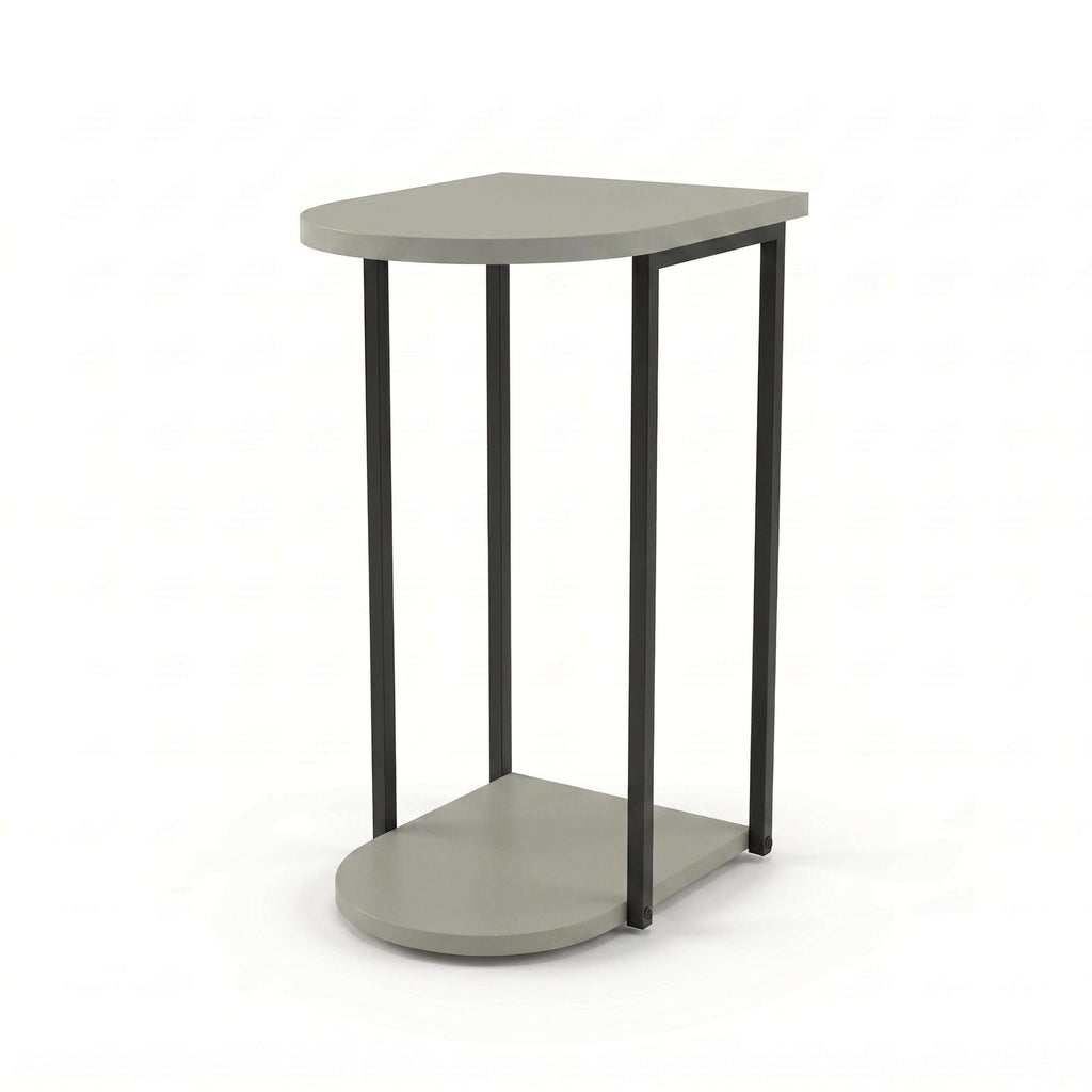 C-shaped side table with round top and bottom shelf, dark frame, light gray finish