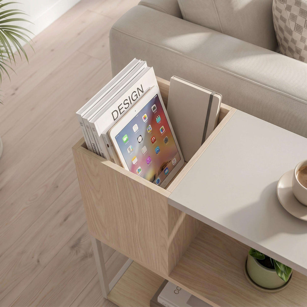Side table with open top shelf and cubby storage for books