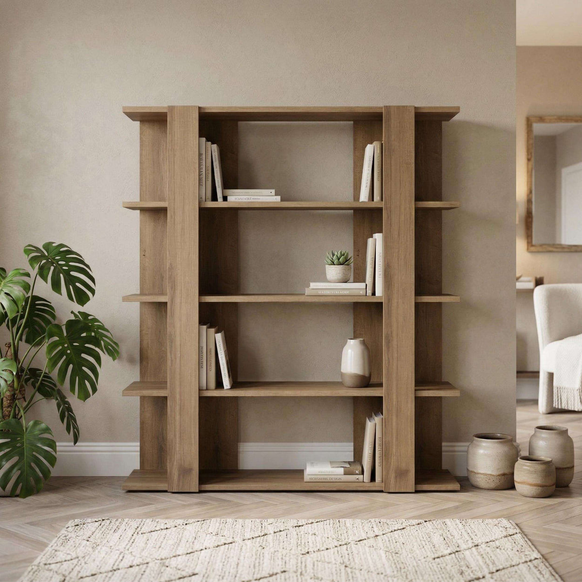 Tita modern bookcase display unit, medium 122cm, dark oak with open shelves