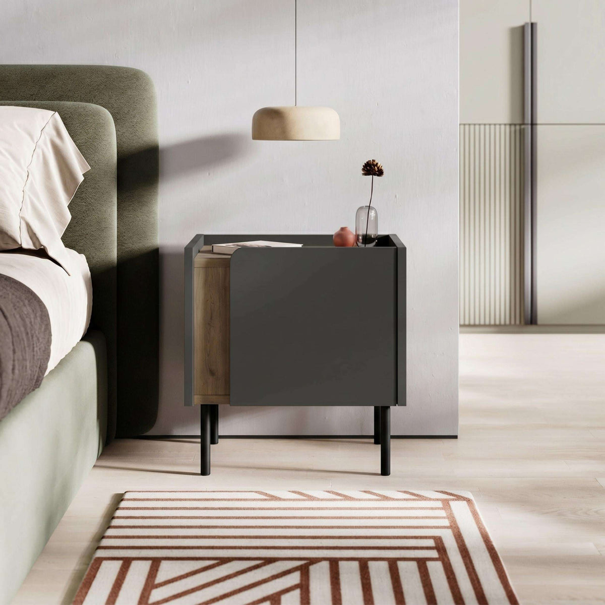 Modern bedside table with closed soft-close door, dark gray cabinet, black metal legs
