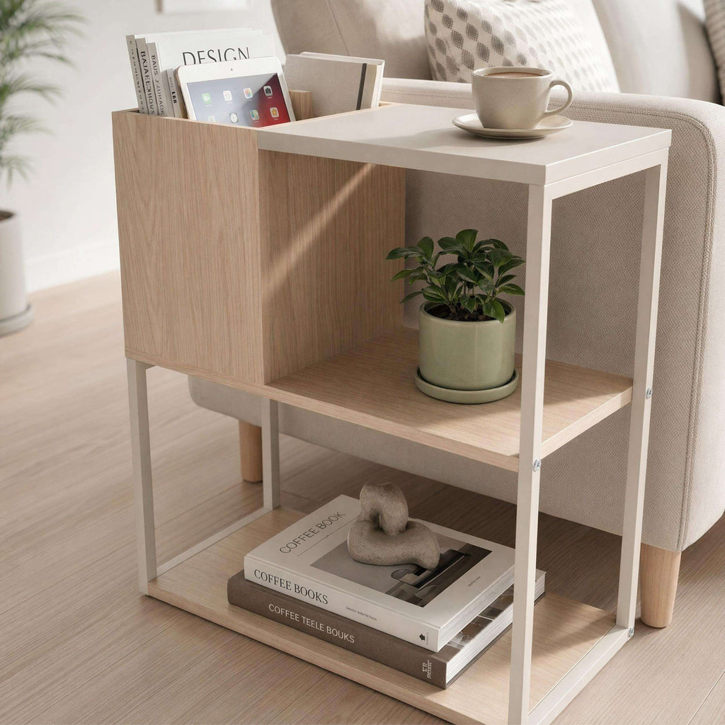 Wood side table with storage shelves holding a potted plant and decor