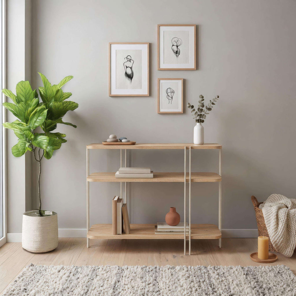 Console table with shelves in light oak wood and metal frame