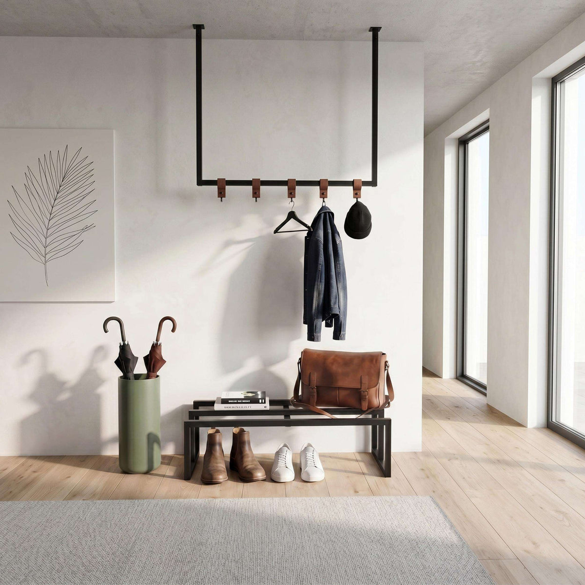 Black wall shoe rack set with five hooks and open shelf