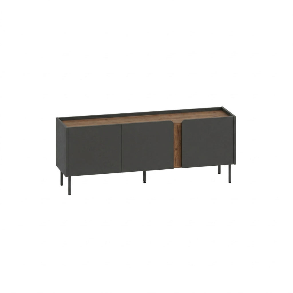 Three-door TV unit with dark gray cabinet fronts, natural wood top, black metal legs