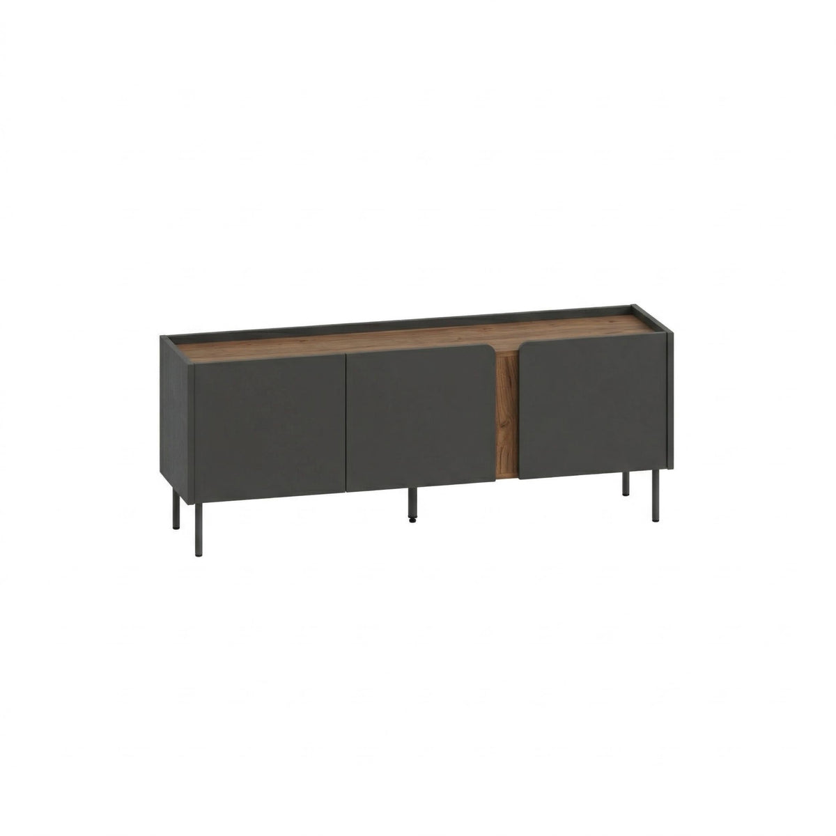 Three-door TV unit with dark gray cabinet fronts, natural wood top, black metal legs