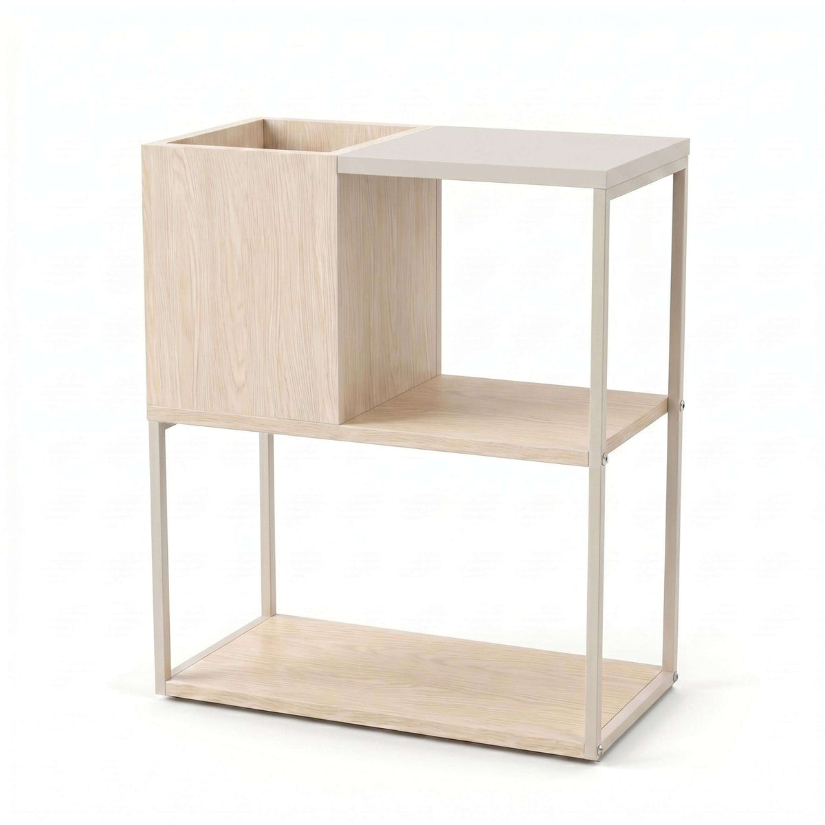 Rectangular side table with two open shelves and side storage cabinet