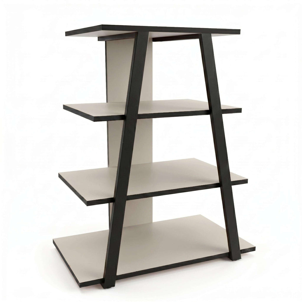 Angled mini TV entertainment unit with open shelves, light sand-look shelves and dark frame
