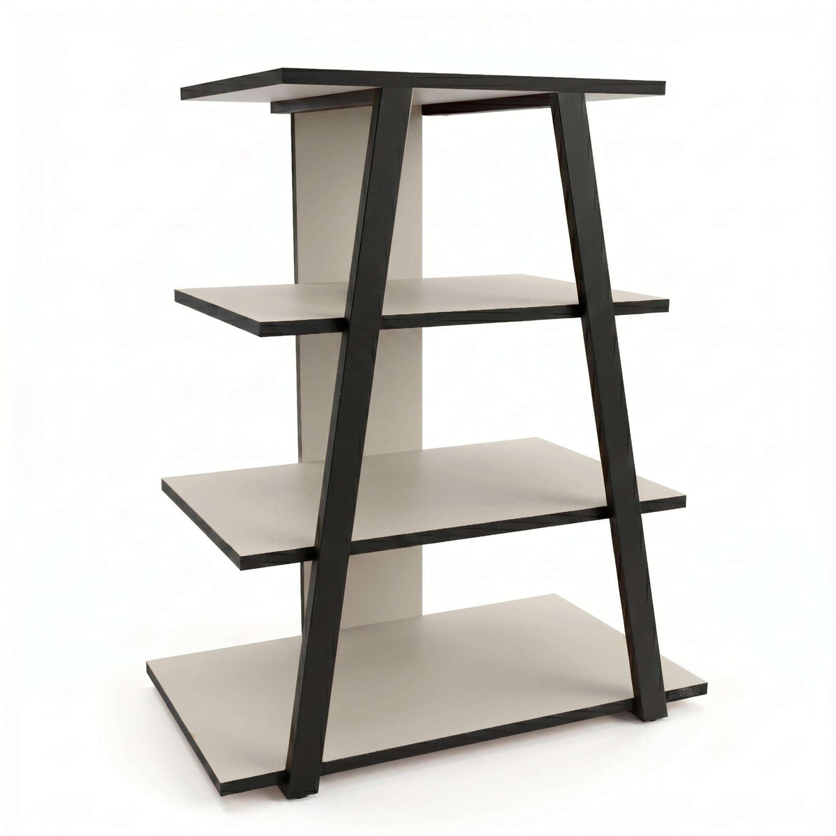 Angled mini TV entertainment unit with open shelves, light sand-look shelves and dark frame