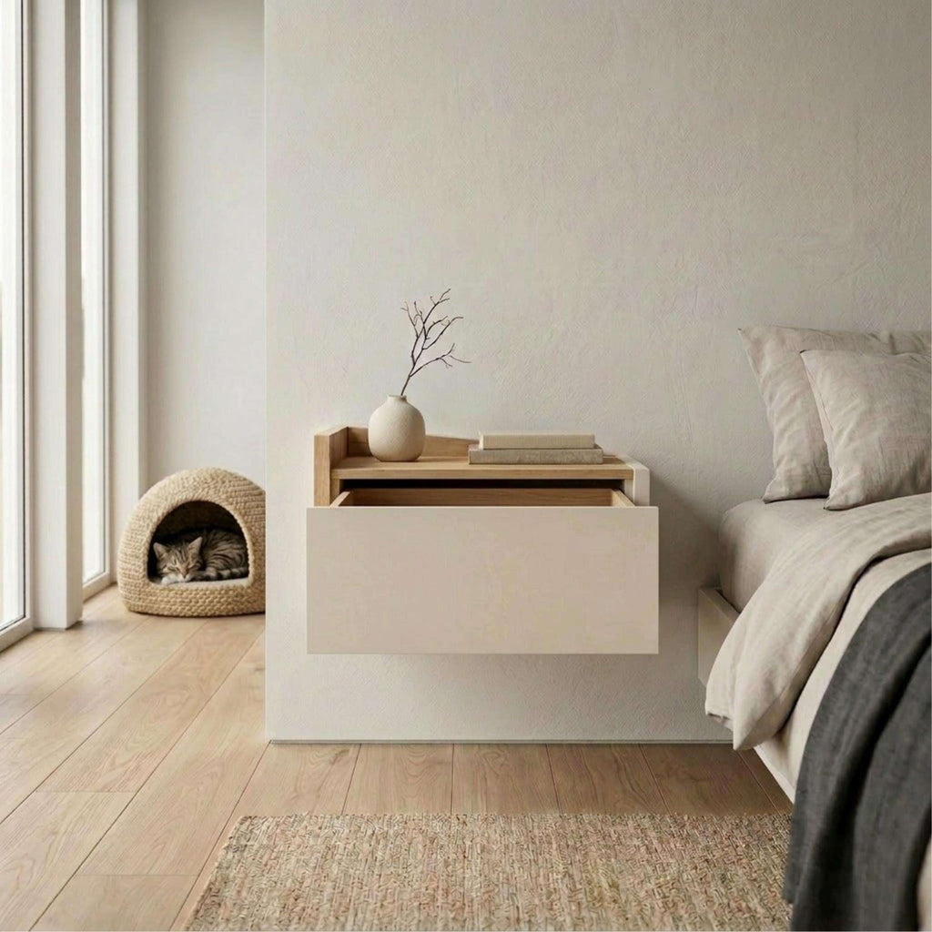 Floating bedside table with drawer and top shelf, light wood top and white drawer front