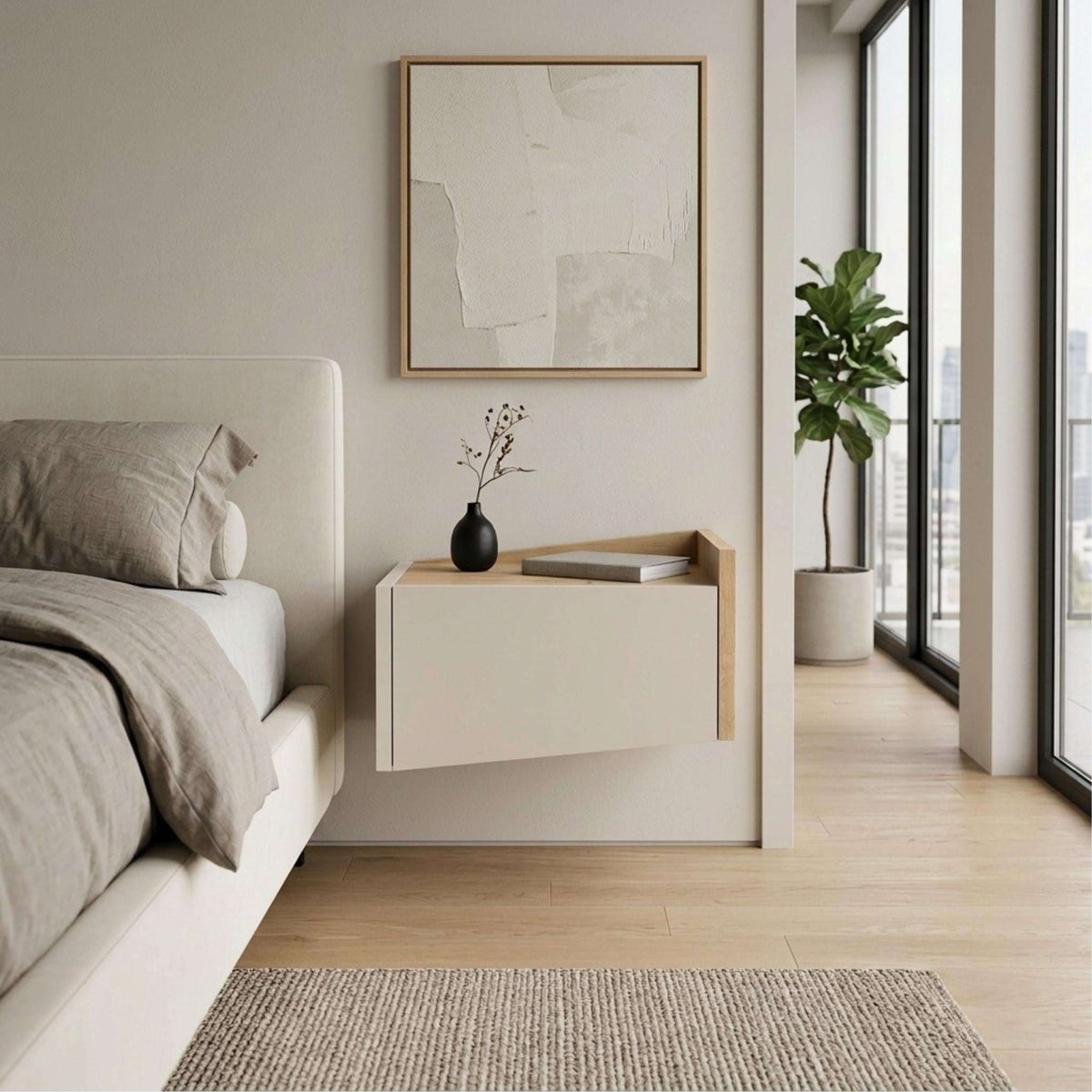 Floating bedside table with right drawer, top shelf, light oak and white finish