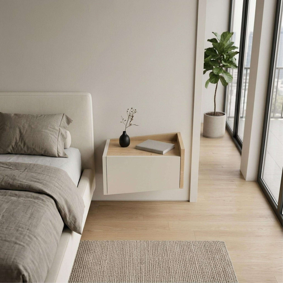 Floating bedside table with right drawer and top shelf, white body with oak top