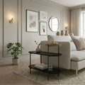 3-tier side table with dark shelves and slim metal frame, round top and lower tiers