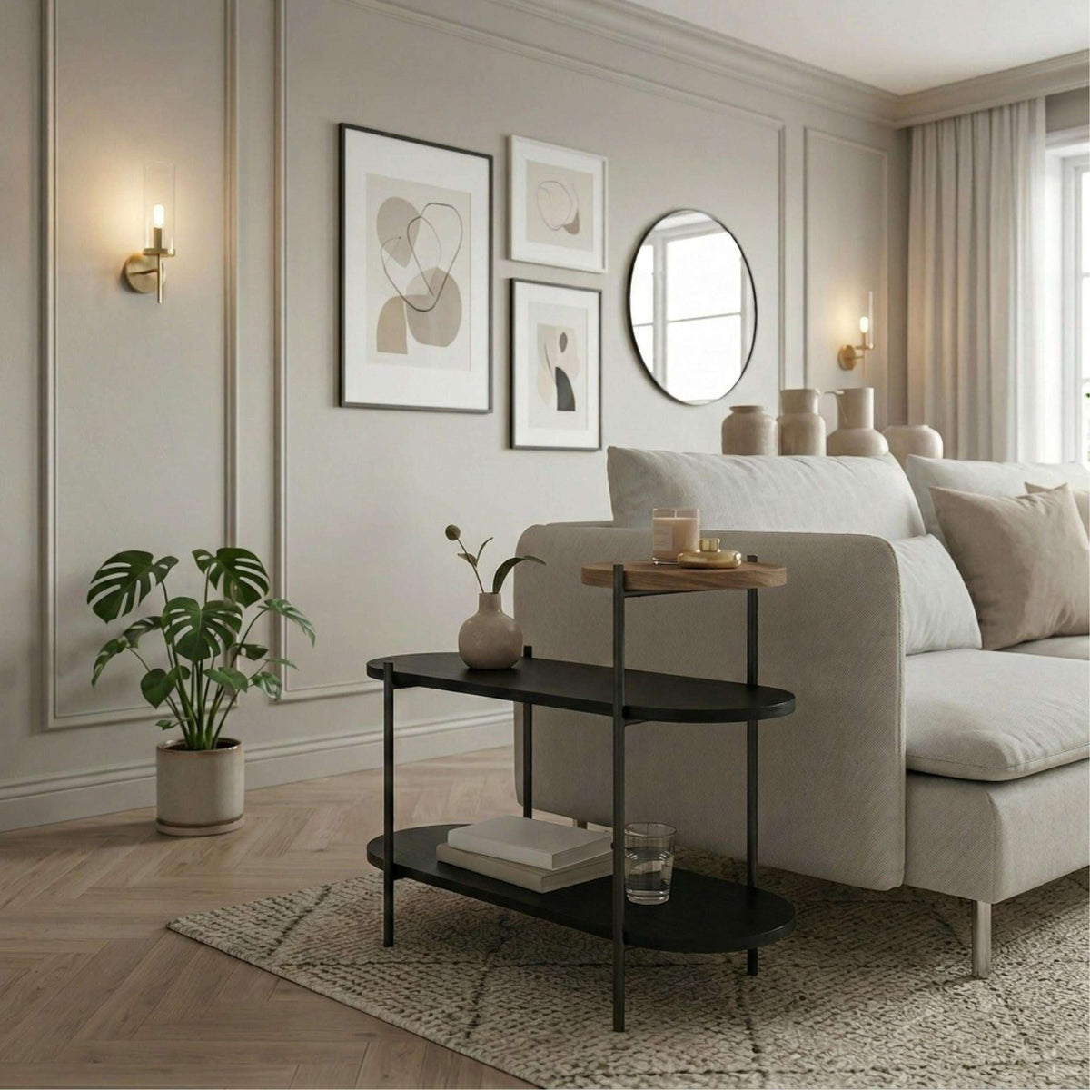 3-tier side table with dark shelves and slim metal frame, round top and lower tiers