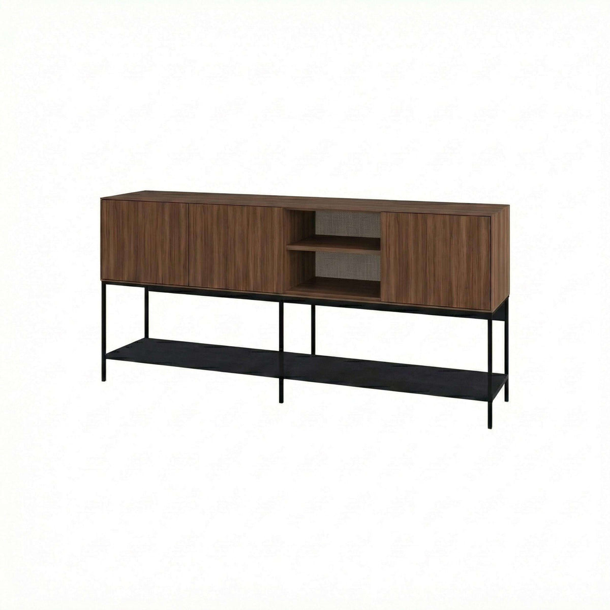Dark wood console table with open cubby shelf and black metal legs, minimalist style