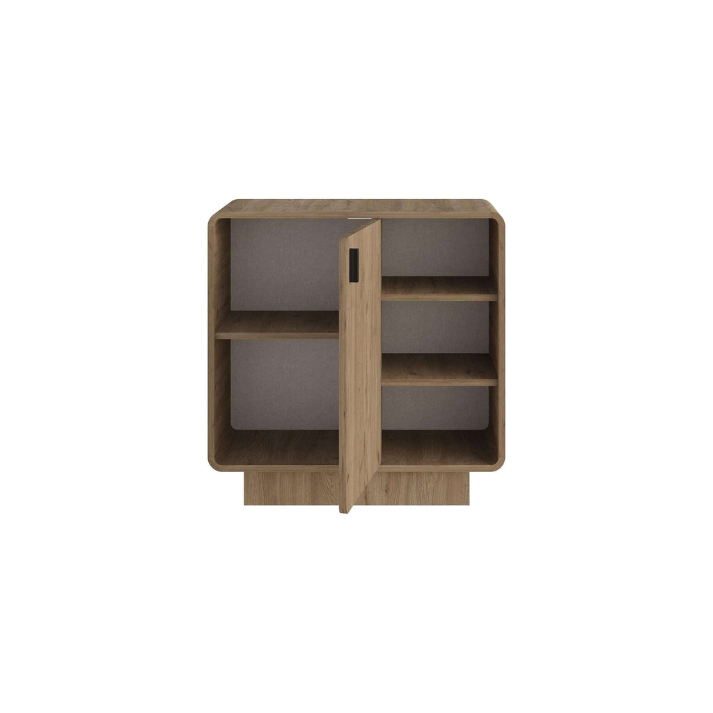 Natural oak sideboard cabinet with open shelving and vertical bar handle