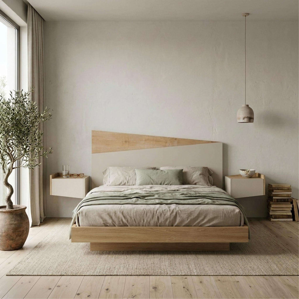 Wall-mounted headboard in light oak with sandstone panel for king size bed