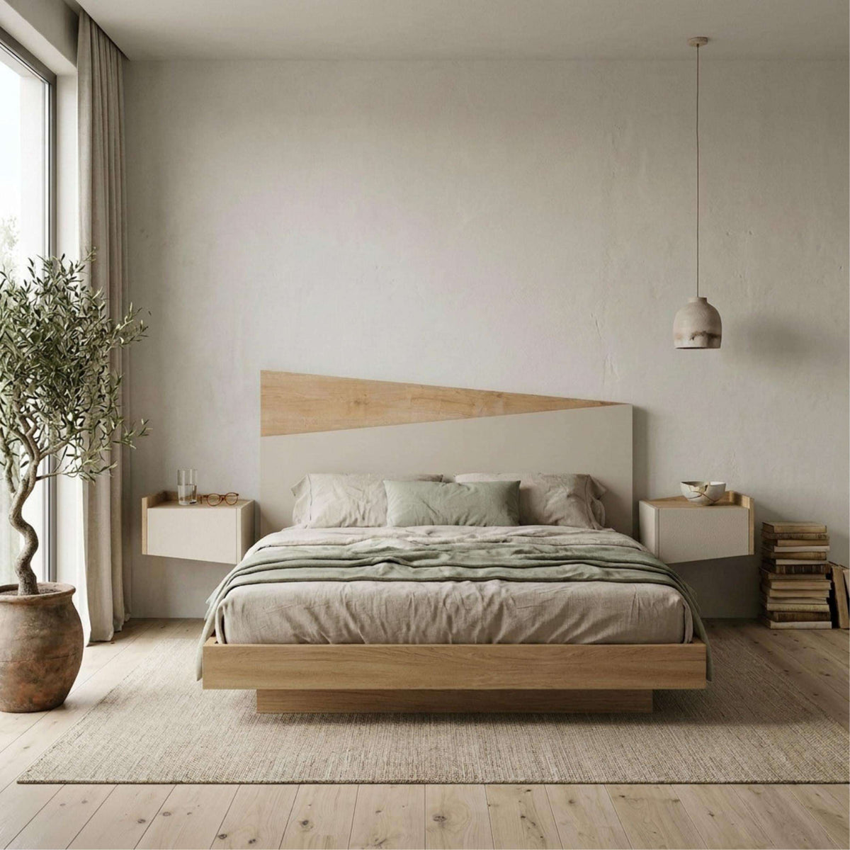 Wall-mounted headboard in light oak with sandstone panel for king size bed