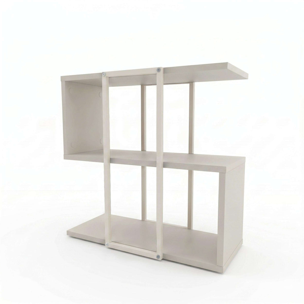 Stepped side table with open shelves, off-white finish and light-colored vertical supports