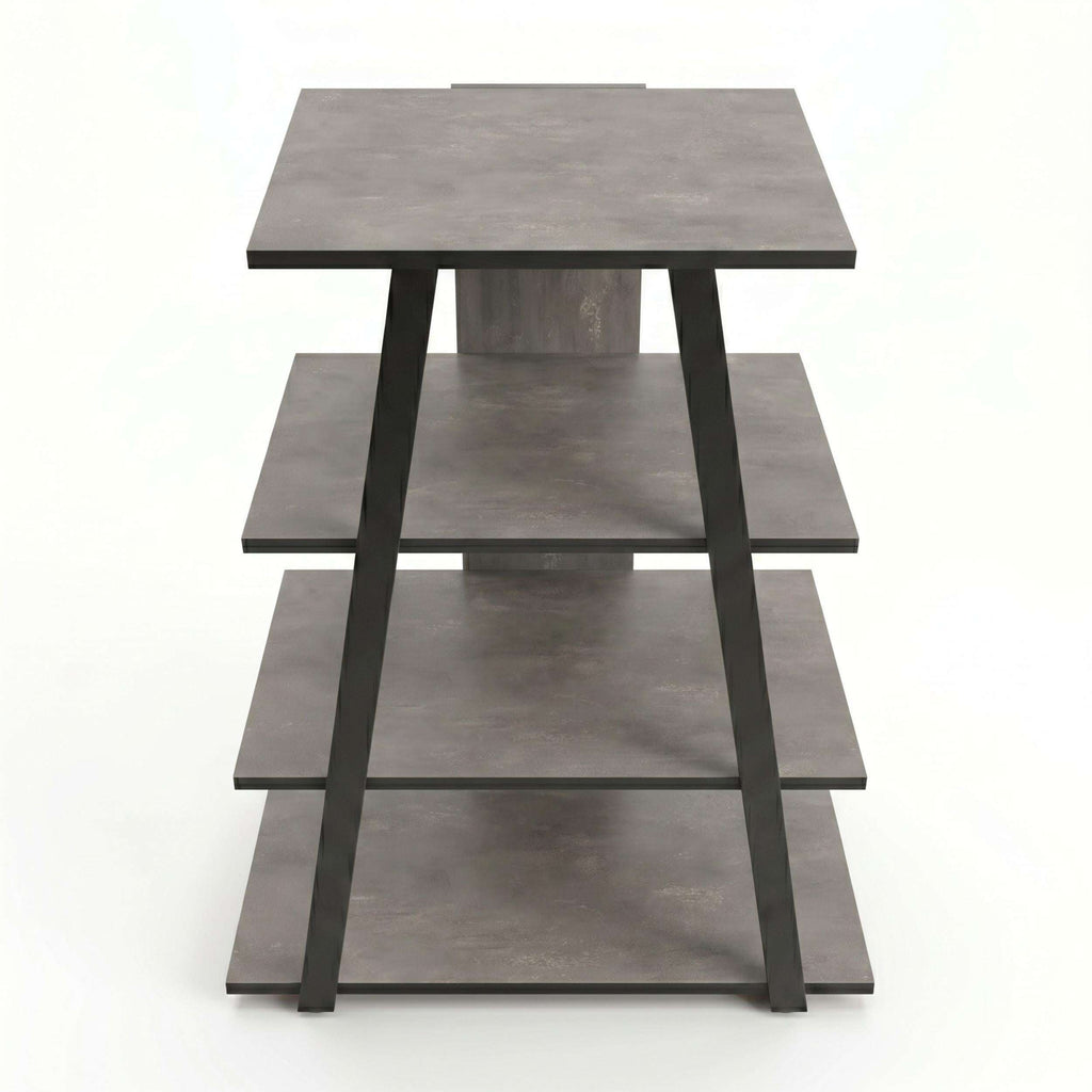 Angled mini TV unit with open shelves, light gray top and shelves with dark legs