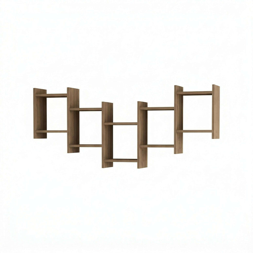 Floating wall shelf arrangement with open square compartments, medium brown wood finish