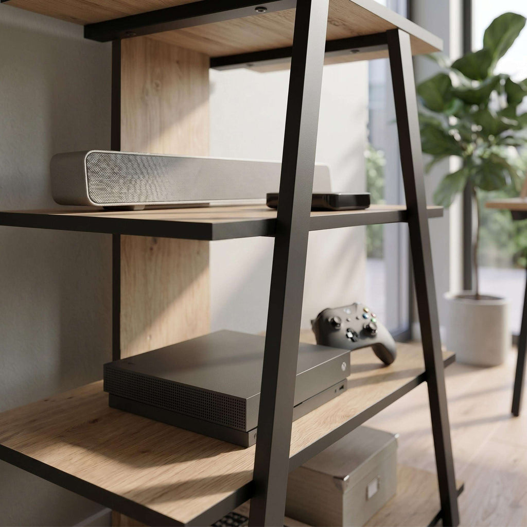 Angled TV unit side view with open shelves, black frame and light wood shelf surfaces