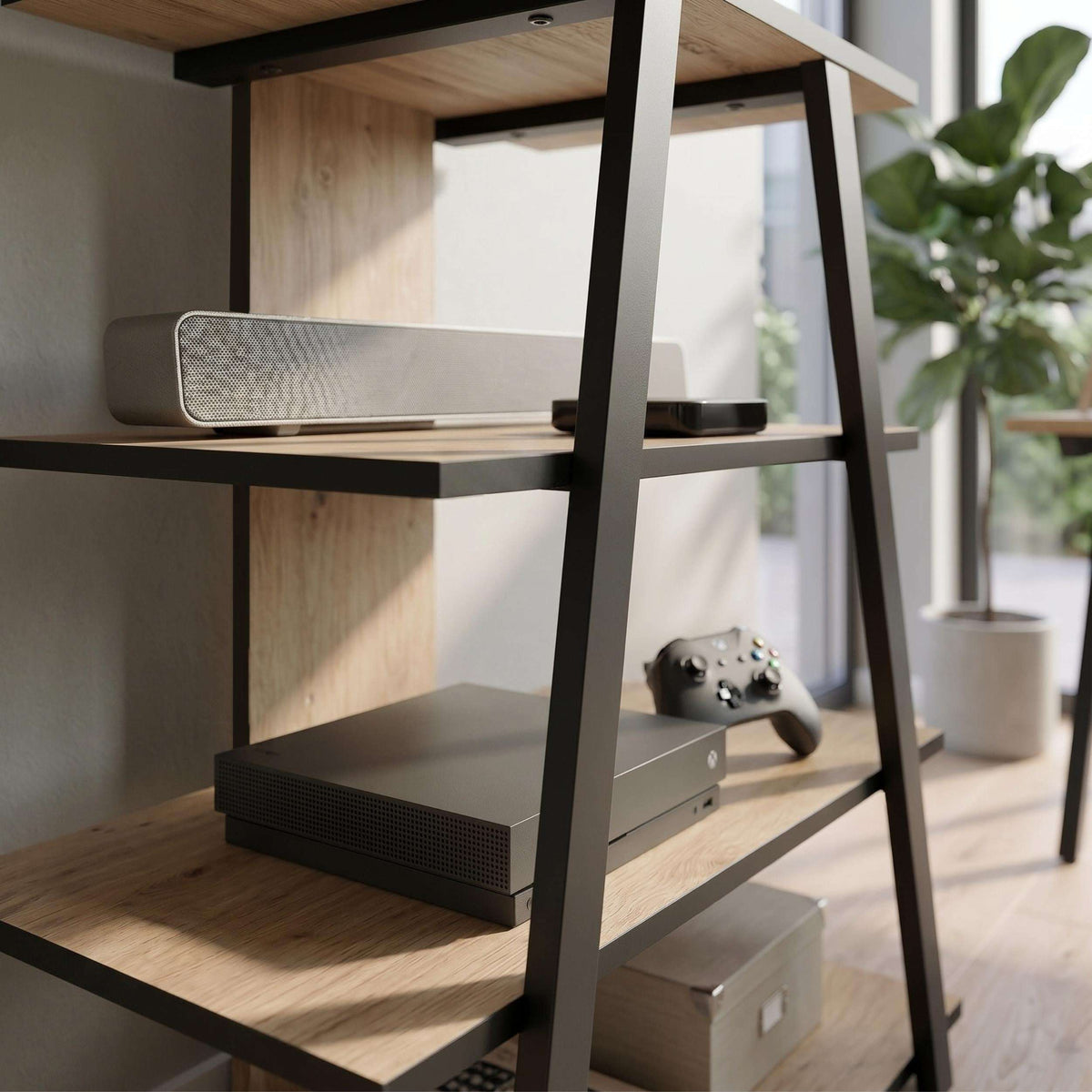 Angled TV unit side view with open shelves, black frame and light wood shelf surfaces