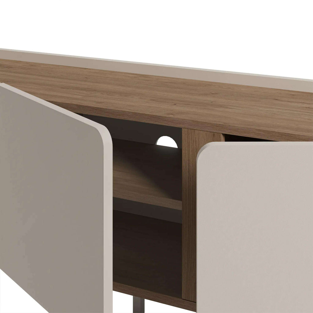 Open side compartment of 3-door TV unit showing internal shelving and dark back