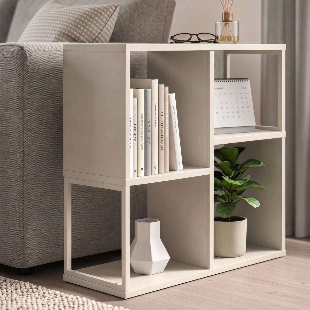 Sandstone mini bookcase side table with open cube shelves and display cubbies