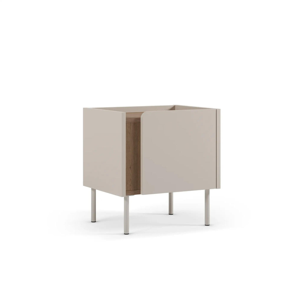 Modern bedside table with soft-close door storage, light wood sides, white cabinet front