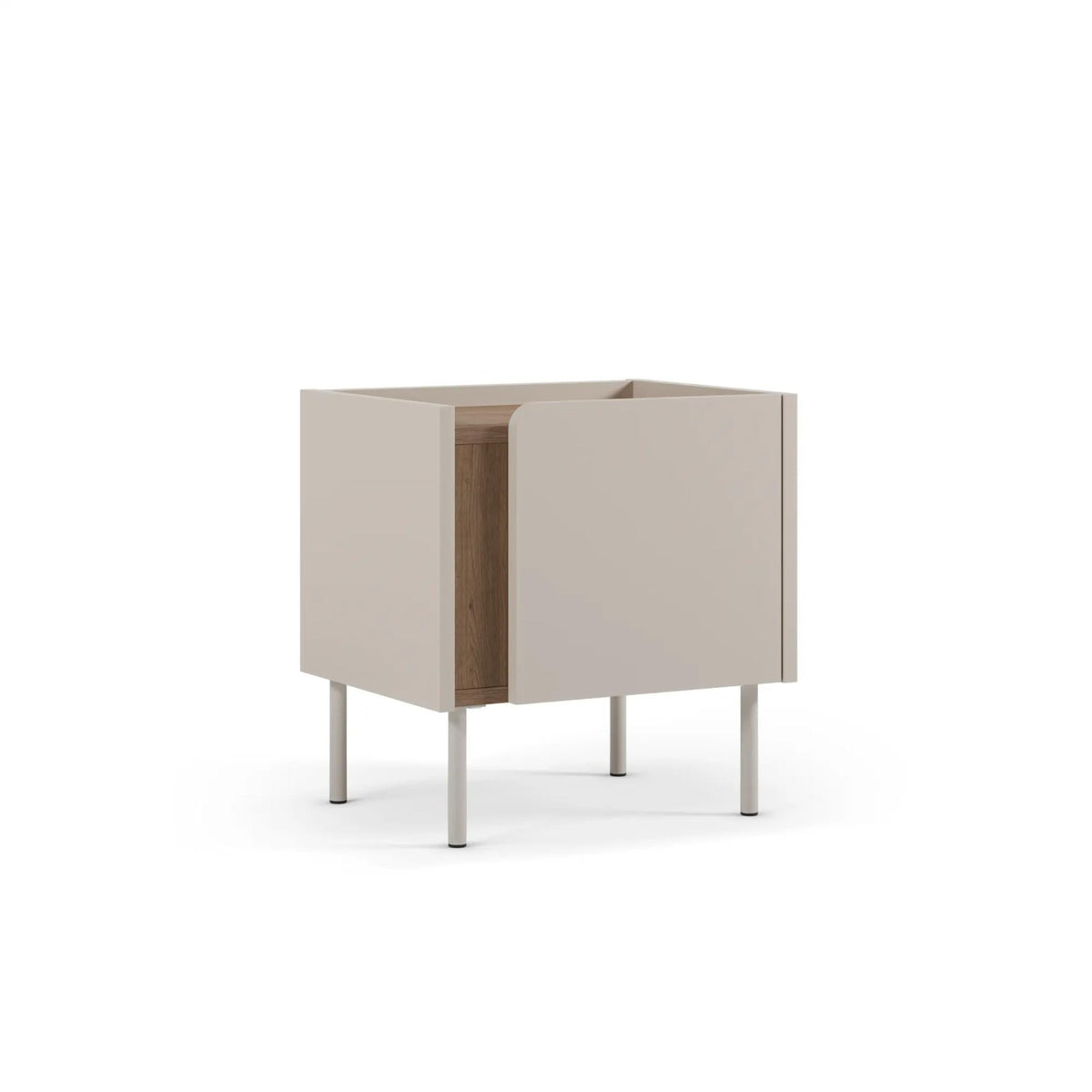 Modern bedside table with soft-close door storage, light wood sides, white cabinet front