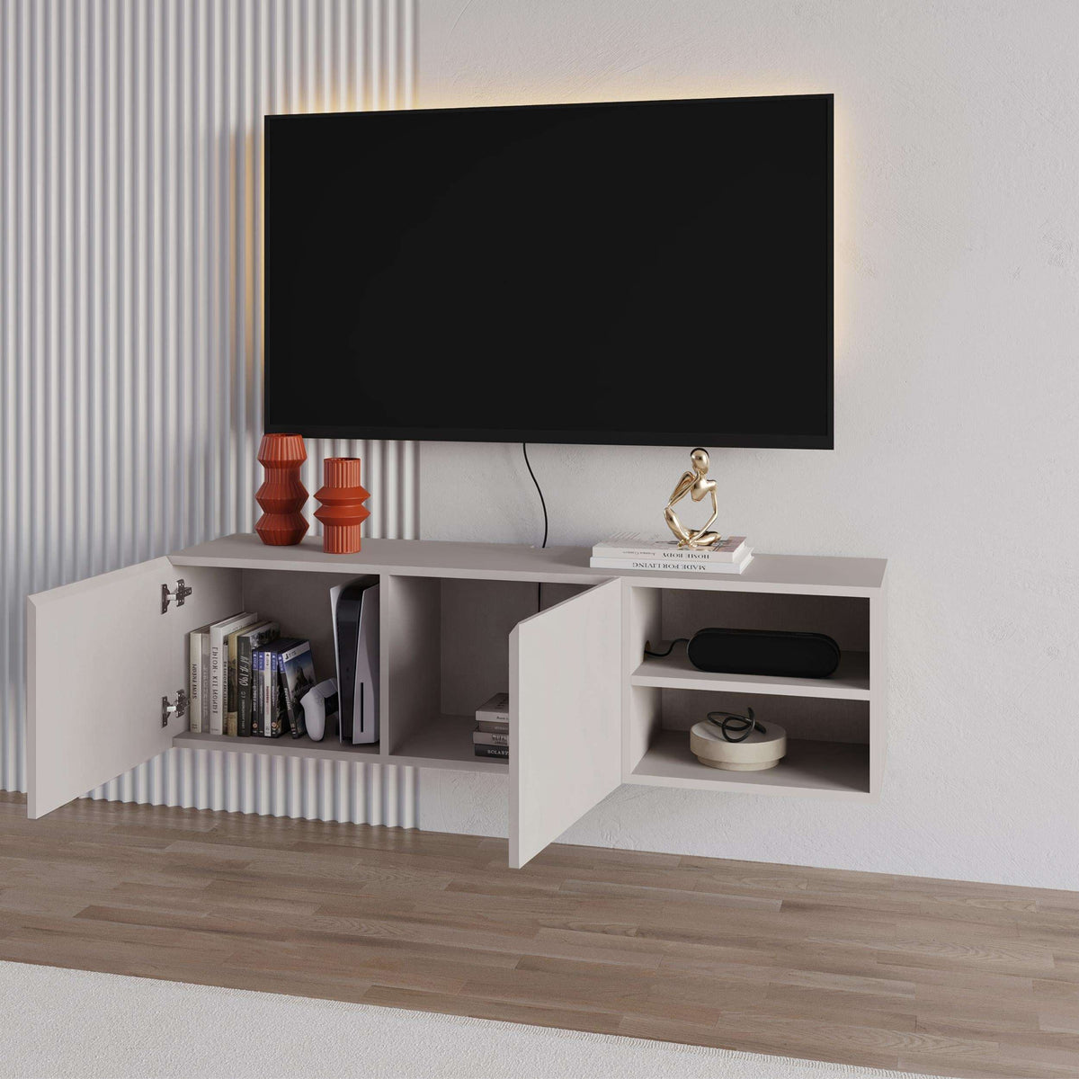 White wall-mounted TV unit with open side shelves and cabinet doors