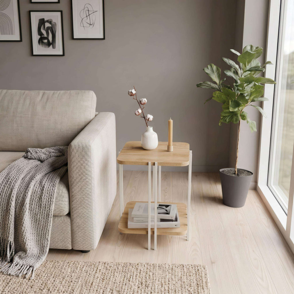 Light oak 2-tier side table with black metal legs and lower shelf.