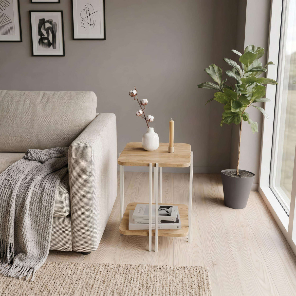 Light oak 2-tier side table with black metal legs and lower shelf.