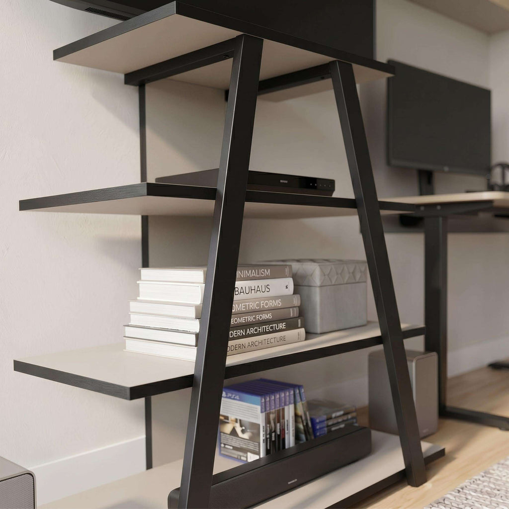 Angled mini TV unit with open shelves, dark frame with books in the lower shelf
