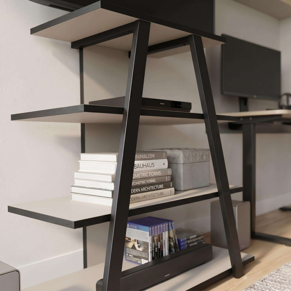 Angled mini TV unit with open shelves, dark frame with books in the lower shelf